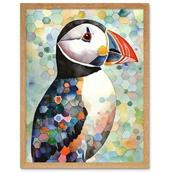 Light Oak Frame Puffin Illustration – 12″ by 16″ Art Print