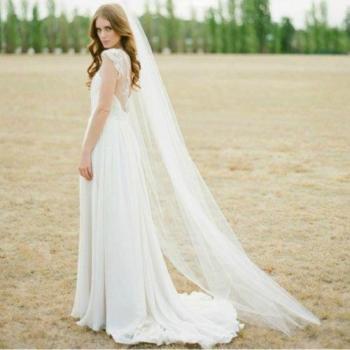 Voile Cathédrale de Mariage avec Peigne, Tulle Beige-Blanc