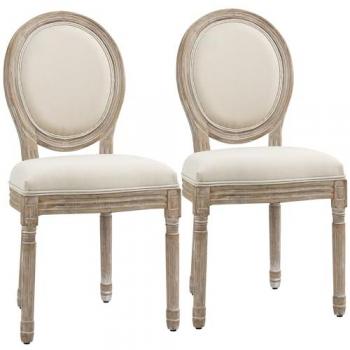 HOMCOM Dining Chairs Set of 2, French-Style Kitchen Chairs, Armless Accent Chairs with Linen Fabric Upholstery, Round Backrest and Solid Wooden Frame, Cream