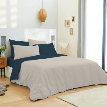 Pack complet housse de couette et drap housse 6 pièces Lin/Marine réversible pour lit 160 x 200 cm Univers Décor