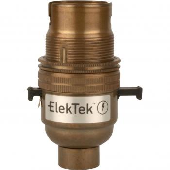 ElekTek UK‑Made B22 Safety Switch Lamp Bulb Holder – 10 mm Entry, Push Bar, Antique Brass Base