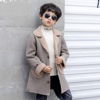 Apricot Woolen Coat for Boys, Double Breasted, Turn Collar, Big Pockets, 4-12 Years