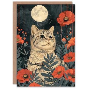 Poppy Field Moonrise Birthday Card for Scottish Fold Cat Fans