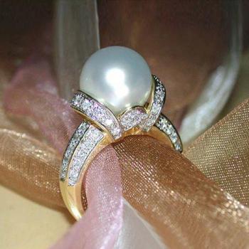 Gold Wedding Ring for Women with Imitation Pearl and Shiny CZ