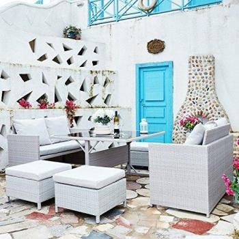 Set Salotto da Giardino 8 Posti Resina Intrecciata Grigio/Bianco Nouméa