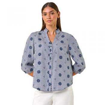 Chemisier romantique fleuri, col en V bleu 40