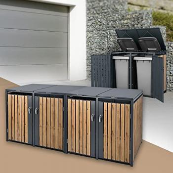 Conteneur Abri Hangar pour 4 Poubelles, 240L, 264x80x116,3 cm, en Acier, Anthracite/Aspect Chêne