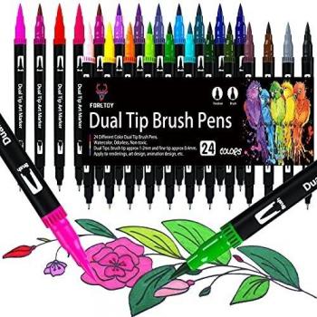 Felt Tip Pens, 24 Colours Dual Brush Art Markers for Colouring and Lettering