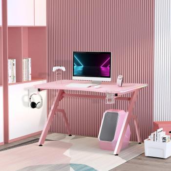 Homcom Racing Style Gaming Desk with RGB LED Lights, Controller Rack, Cable Management, Pink