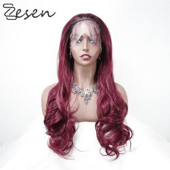 Perruque femme ZESEN 13x4 en dentelle, couleur vin foncé, look naturel