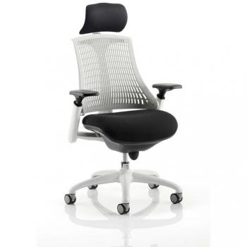 Flex Task Operator Chair White Frame Black Fabric Seat With Moonstone White Back With Arms With Headrest