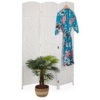 Paravent Relaxdays : Bois + Corde Papier, Brise-vue Pliable 3 Volets (H170 L120, Blanc)