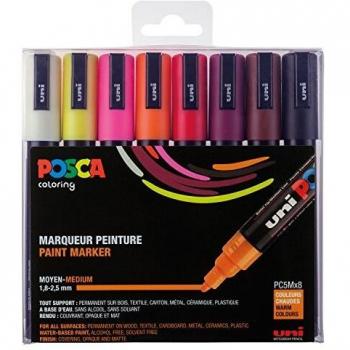 Posca Mitsubishi Pencil 8‑Pack PC5M Warm Colour Conical Tip Water‑Base Markers – Paper, Textile, Glass, Pebble, Wood