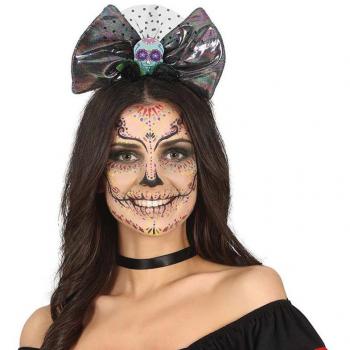 Diadema de Lazo con Calavera y Rosa