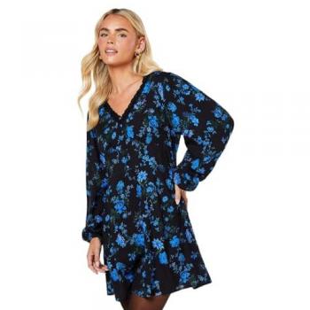Petite Floral Lace Trim Button Front Mini Dress in Blue for Women