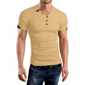 AIYINO Men's Casual V-Neck Button Cuffs Cardigan Short Sleeve T-Shirt (Medium, Khaki)
