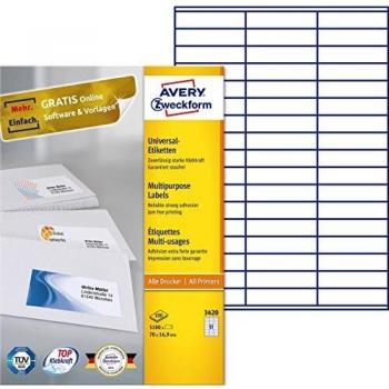 Avery Zweckform 3420 Labels 70 x 16.9 mm, White, Permanent Adhesive, 5100 Labels for Inkjet and Laser Printers