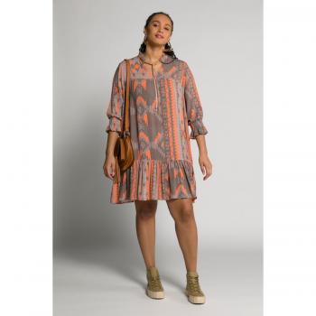 Abito midi donna, viscosa, marrone, maniche 3/4, collo ruché, taglia grande