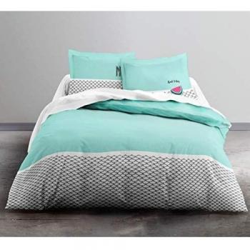 Today Enjoy Pastèque-Parure HC4 : Housse de Couette 240x260 + 2 Taies d’Oreiller 100% Coton, COTON-57 Fils, Bleu, 240/260