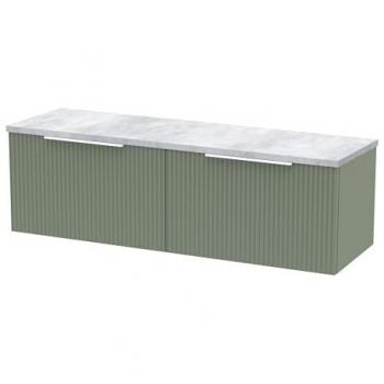 Satin Green 1200mm Wall Hung Fluted Vanity Unit with Bellato Grey Laminate Worktop and Soft Close Drawers