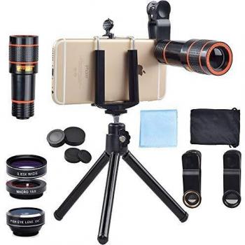Kit d'objectif Apexel 4 en 1 Universel 12X Téléobjectif + Fisheye 198 ° + Macro 15X + Grand Angle 0,63X
