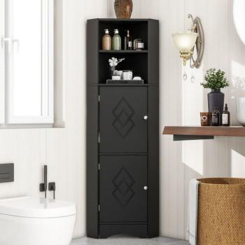 Baule angolare per bagno: 2 portaoggetti + ripiano regolabile – 36,5×36,5×155 cm, nero