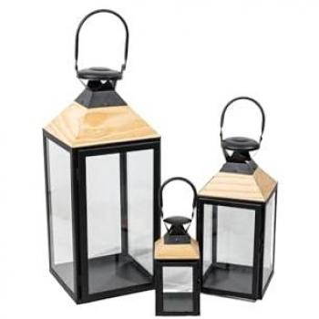 FIJALO Schwarzes Metall-Holz-Laternen-Set (3 Stück) – 22 × 22 × 52 cm