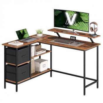 Bureau de travail en L, 135 L, deux grands tiroirs, design marron rustique