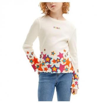 Camiseta de niña Desigual con estrellas en los bajos, color beige, manga larga