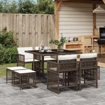 Set da Pranzo Giardino 9pz con Cuscini Marrone in Polyrattan