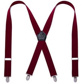 Kangdai Men's Braces 4 Buckle Elastic Adjustable Suspenders (Wine)