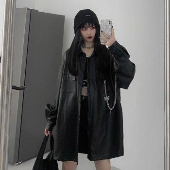 Cuero Negro Manga Larga para la Calle