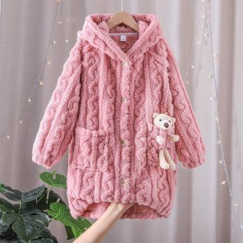 Flanell Bademantel für Mädchen mit Kapuze und warmen Taschen