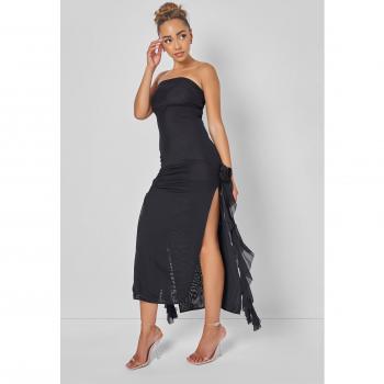 Mid-Length Black Dress with Bandeau Neckline and Ruffle Hem