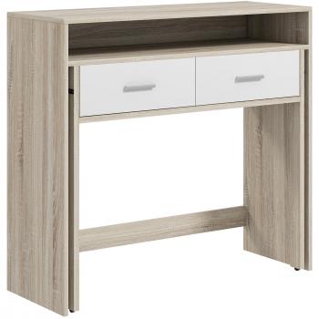 HOMCOM Mesa de Estudio Consola Extensible Multifuncional 2 Niveles con 2 Cajones Madera Roble