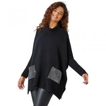 Roman Pull Poncho Noir avec Poche Étincelante