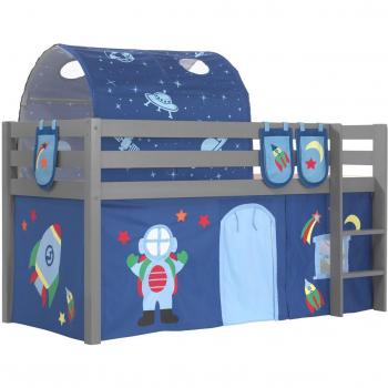 Lit mezzanine 90x200 cm pin massif gris avec tente tunnel et 3 pochettes