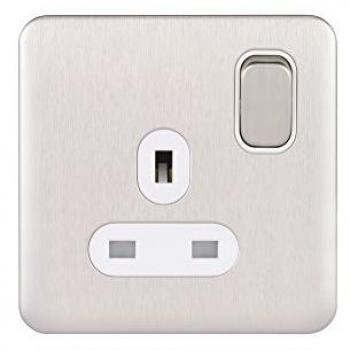 Schneider 1G 13A Switched Socket Stainless Steel with White Insert