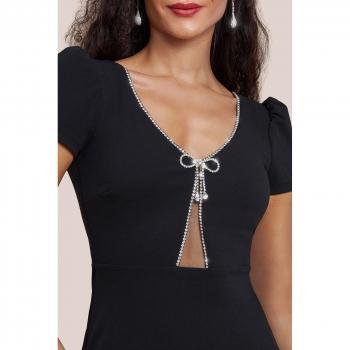 Black Scuba Crepe Maxi Dress with Diamante Bow