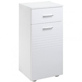 Meuble bas de salle de bain blanc avec tiroir coulissant et étagère, dimensions 35L x 30l x 77,5H cm