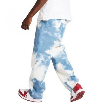 Men's Full Length Tie Dye Straight Jeans in Sky Blue S-3XL