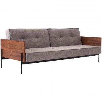 Innovation Schlafsofa Splitback Lauge 220×94 cm – grauer Stoff, 521 Mixed Dance Grey Gestell, schwarzes Stahlgestell, Walnussfurnier‑Armlehnen