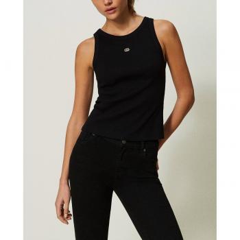 Top in maglia Twinset a costine Oval T, Nero, Cotone, Taglia M