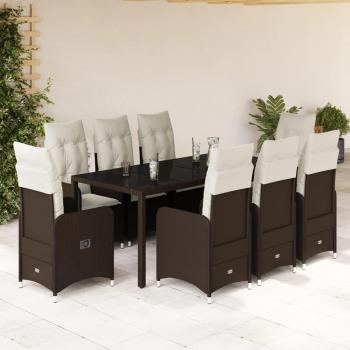 Garden Bistro Furniture Kit – 9 Pieces in Brown Poly Rattan, Polished, with Cushions