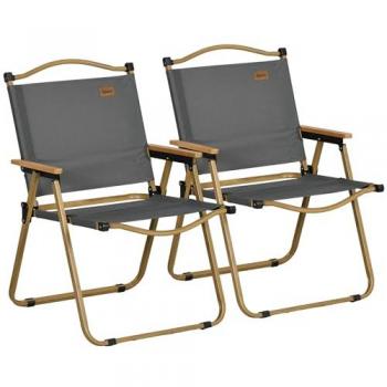 Set de Deux Chaises de Camping Outsunny – Poignée Intégrée, Aspect Bois, Gris Foncé