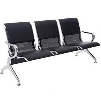 CLP “Airport” Sitzbank mit Armlehnen – Kunstlederpolster, Chrom‑Gestell – 3‑Personen‑Version (schwarz)
