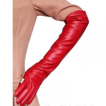 Elegante mitón de simulación para mujer con forro de cuero sedoso largo sobre el codo, rojo, 50 cm, L