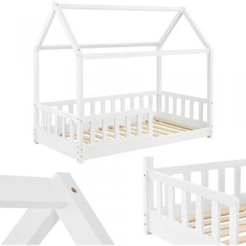 Juskys Kinderbett Marli 80 x 160 cm Hausbett mit Rausfallschutz, Lattenrost und Dach aus Holz in Weiß