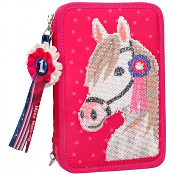 Federtasche 3‑fach – Handgefertigt, 32 cm × 22 cm, zarte Spitzenränder
