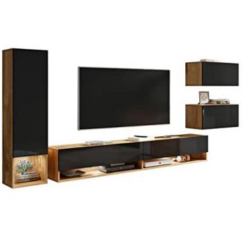 Conjunto de salón Sarasota 124, negro brillante, wotan roble, con mesa de tv, partes separadas, aglomerado laminado, 130x33cm